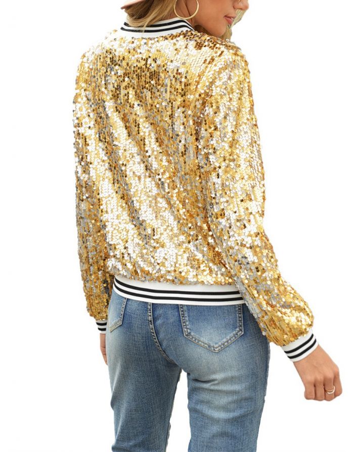 Fall Winter New Sequins Baseball Jacket Stitching Long Sleeve Zipper Women Coat